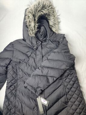 NEW Kenneth Cole XXL Reaction Down Hooded Puffer Coat Black Quilted Faux Fur